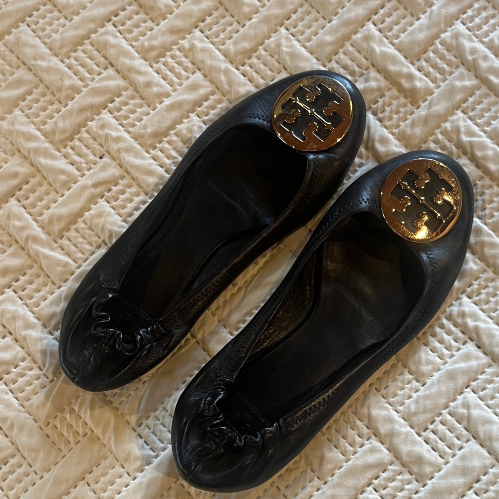 Tory Burch Black Flats with Gold Emblem